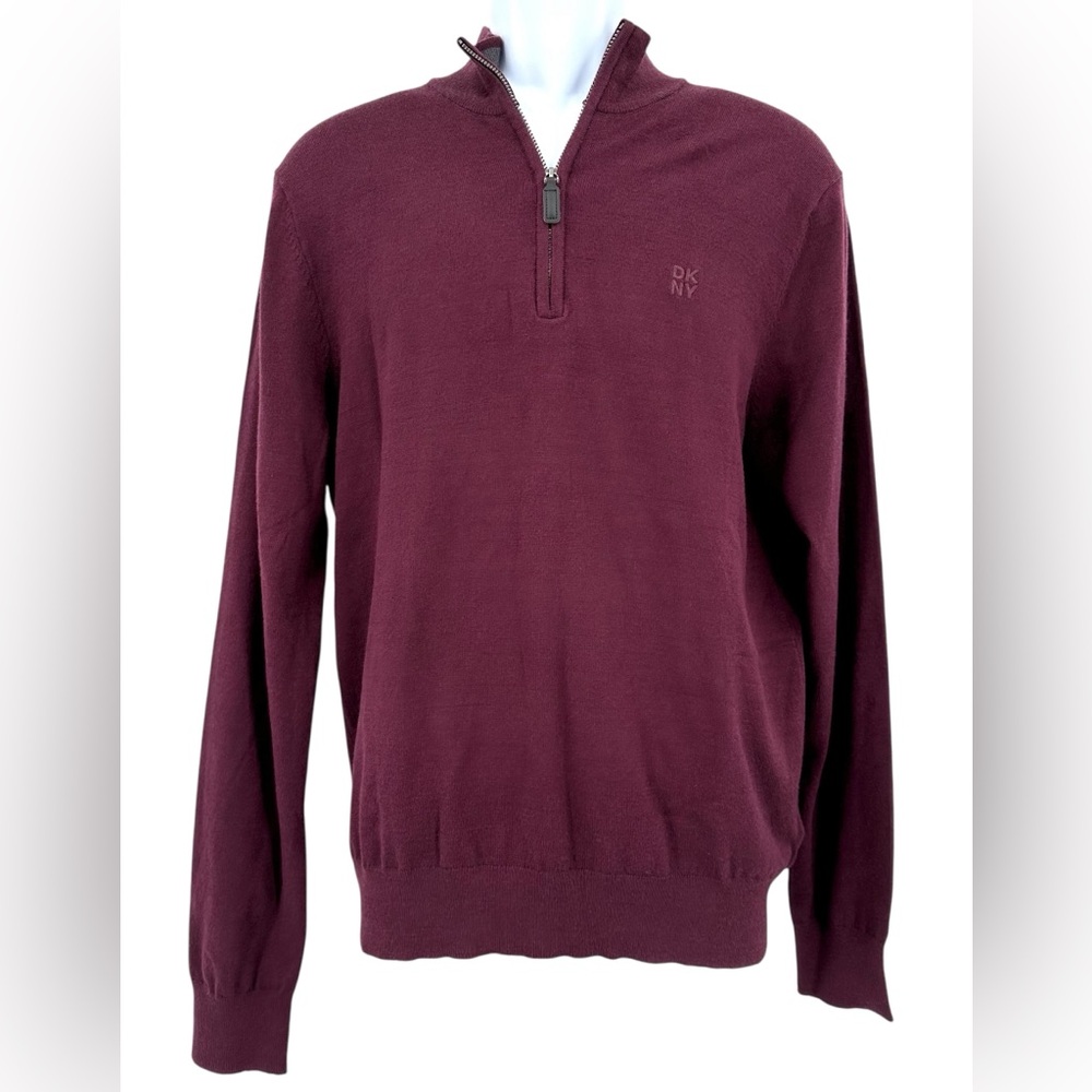 DKNY Men’s Medium Dark Merlot Red 1/4 Zip Collared Pullover Sweater Long Sleeves
